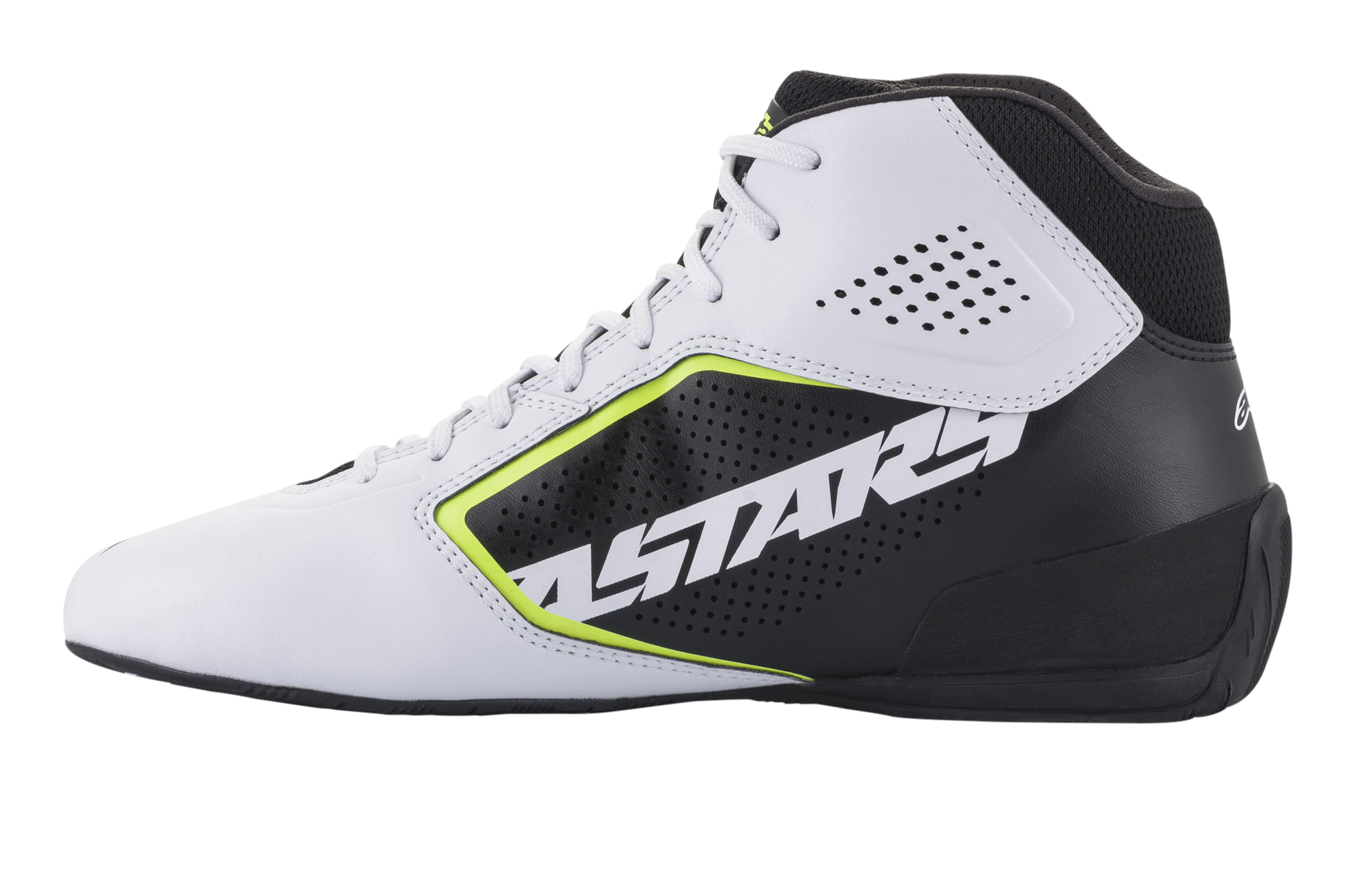 Chaussures Alpinestars Tech-1 K Start V2, chaussures de karting, blanc, noir et jaune fluo, vue latérale présentant une tige en microfibre blanche perforée, un panneau latéral noir avec marquage ASTARS, des touches jaune fluo et une semelle noire profilée.
