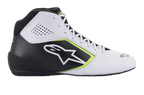 Chaussures Alpinestars Tech-1 K Start V2, chaussures de karting, blanc, noir et jaune fluo, profil latéral présentant des panneaux en microfibre perforée, logo Alpinestars blanc avec bordure jaune fluo, design sport automobile épuré pour le karting