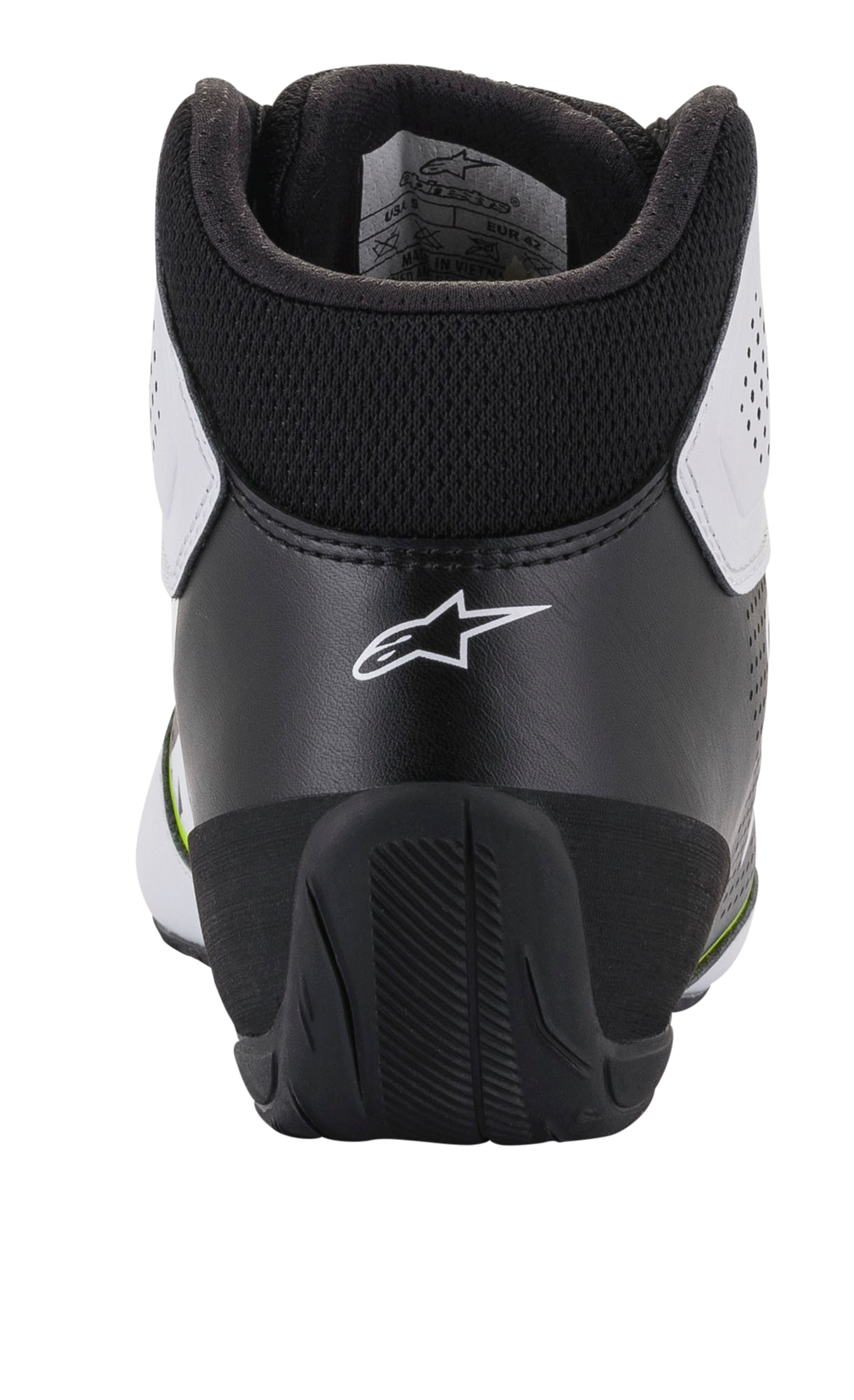Chaussures Alpinestars Tech-1 K Start V2, chaussures de karting, blanc, noir et jaune fluo, vue arrière présentant un contrefort de talon ergonomique noir avec logo étoile blanc, un col rembourré et une semelle extérieure en caoutchouc durable pour la performance en sport automobile