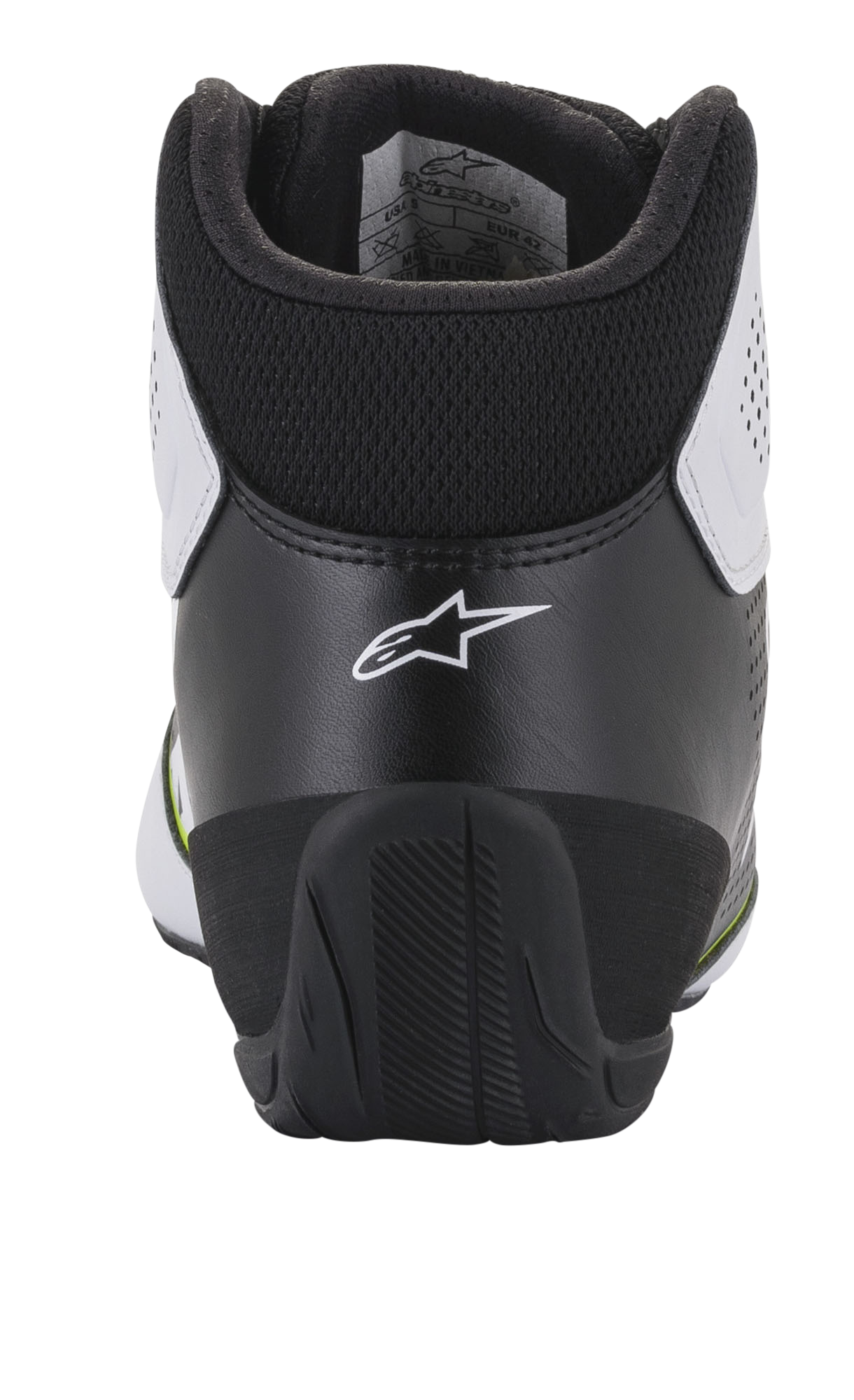 Chaussures Alpinestars Tech-1 K Start V2, chaussures de karting, blanc, noir et jaune fluo, vue arrière présentant un contrefort de talon ergonomique noir avec logo étoile blanc, un col rembourré et une semelle extérieure en caoutchouc durable pour la performance en sport automobile