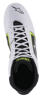 Chaussures Alpinestars Tech-1 K Start V2, chaussures de karting, blanc, noir et jaune fluo, vue de dessus montrant la tige en microfibre blanche, les lacets blancs et l'intérieur en maille noire avec logo jaune