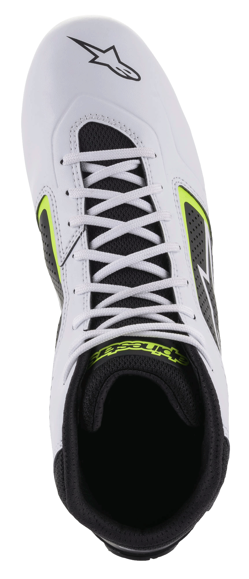 Chaussures Alpinestars Tech-1 K Start V2, chaussures de karting, blanc, noir et jaune fluo, vue de dessus montrant la tige en microfibre blanche, les lacets blancs et l'intérieur en maille noire avec logo jaune
