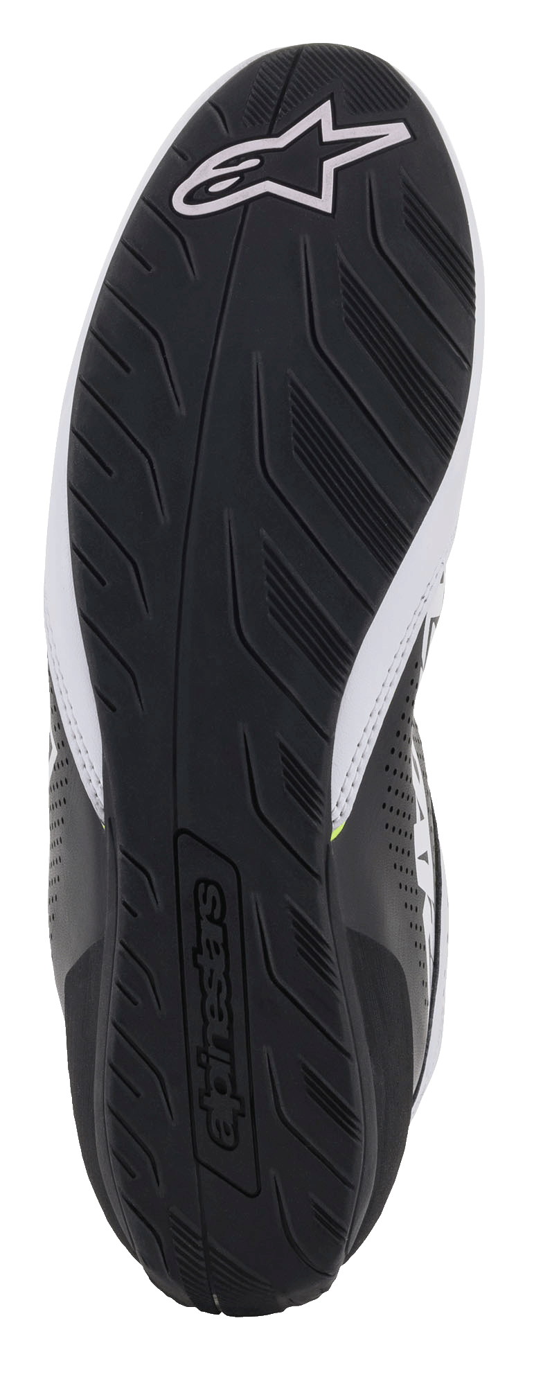 Chaussures Alpinestars Tech-1 K Start V2, vue de la semelle en caoutchouc noir, motif de traction texturé pour l'adhérence, avec logo Alpinestars blanc et lettrage embossé, chaussures de karting