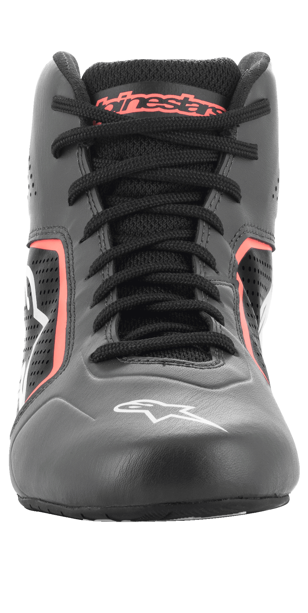 Chaussures Alpinestars Tech-1 K Start V2, chaussures de karting, noir asphalte et orange fluo, vue de face montrant des lacets noirs, le marquage Alpinestars orange sur la languette, le logo étoile blanc sur la pointe et des panneaux en microfibre perforée