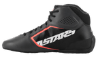 Chaussures Alpinestars Tech-1 K Start V2, chaussures de karting, noir asphalte et orange fluo, profil latéral avec un grand logo ASTARS blanc, tige en microfibre perforée avec des accents orange fluorescent, design sport automobile épuré