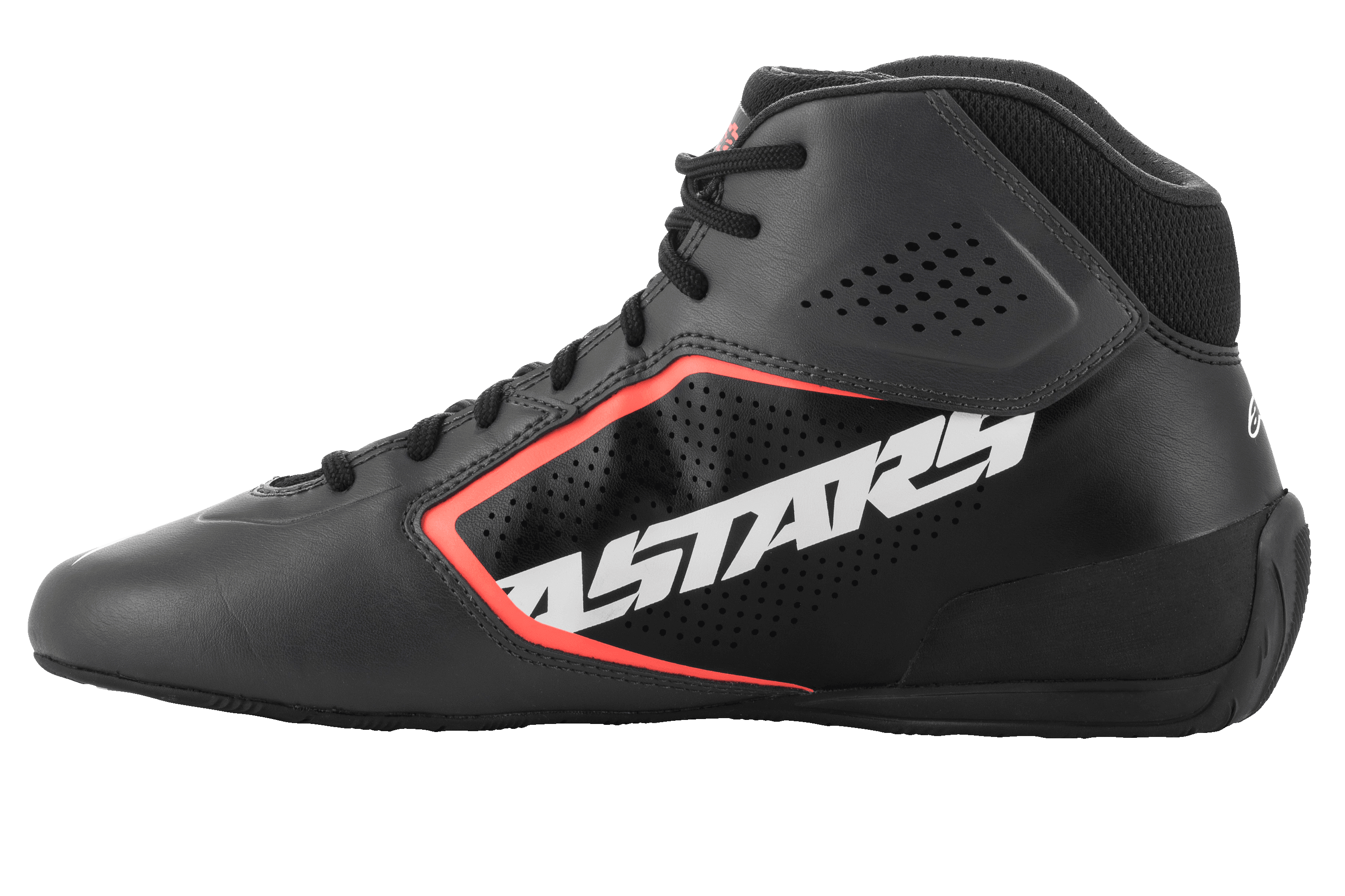 Chaussures Alpinestars Tech-1 K Start V2, chaussures de karting, noir asphalte et orange fluo, profil latéral avec un grand logo ASTARS blanc, tige en microfibre perforée avec des accents orange fluorescent, design sport automobile épuré