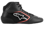 Alpinestars Tech-1 K Start V2, chaussures de karting, Noir Asphalte et Orange Fluo, profil latéral avec tige en microfibre à perforations laser, logo Alpinestars blanc avec contour orange et lacets noirs