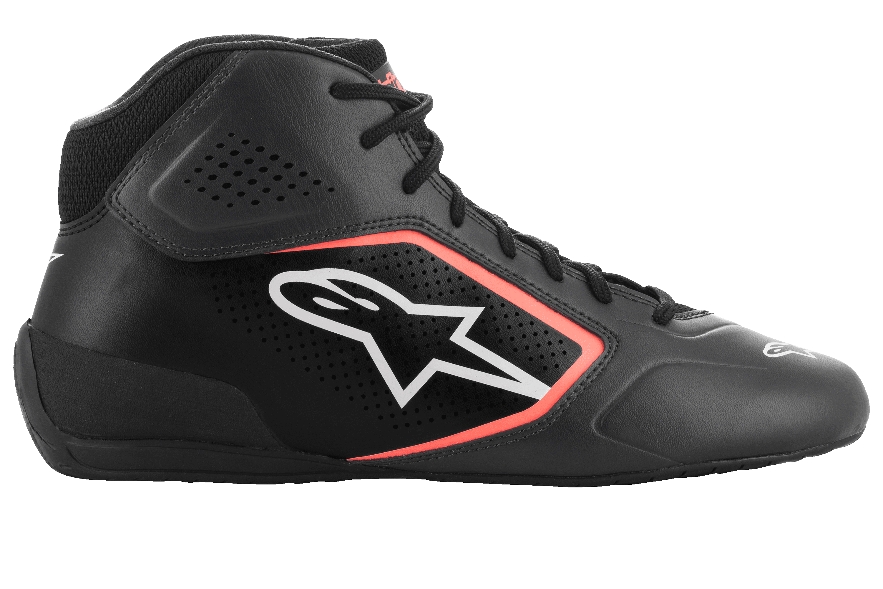 Alpinestars Tech-1 K Start V2, chaussures de karting, Noir Asphalte et Orange Fluo, profil latéral avec tige en microfibre à perforations laser, logo Alpinestars blanc avec contour orange et lacets noirs