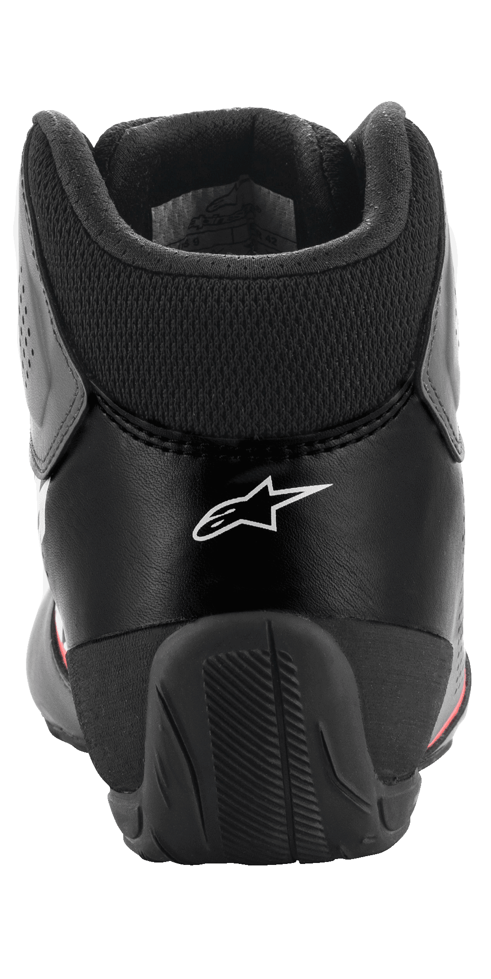 Chaussures Alpinestars Tech-1 K Start V2, chaussures de karting, Noir Asphalte Orange Fluo, vue arrière montrant le logo Alpinestars blanc, col en mesh au niveau du tendon d'Achille et contrefort de talon en caoutchouc renforcé pour la stabilité.