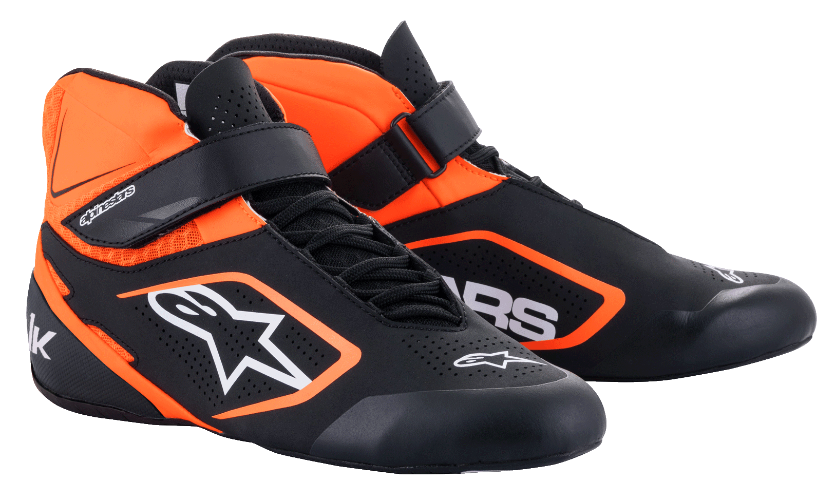 Alpinestars Youth Tech-1 K V2 Shoes, chaussures de karting pour enfant, noir et orange fluo avec accents blancs, chaussures de course montantes dotées d'un double système de fermeture à lacets et sangle Velcro, construction en microfibre perforée et logos blancs