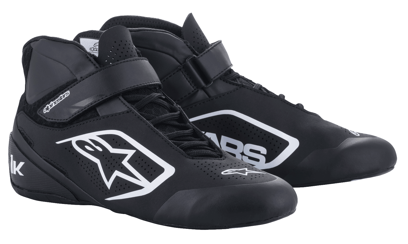 Alpinestars Youth Tech-1 K V2, chaussures de karting, noir et blanc, chaussures de course montantes dotées d'un système de fermeture double avec lacets et sangle, panneaux perforés respirants et logo blanc pour les jeunes pilotes