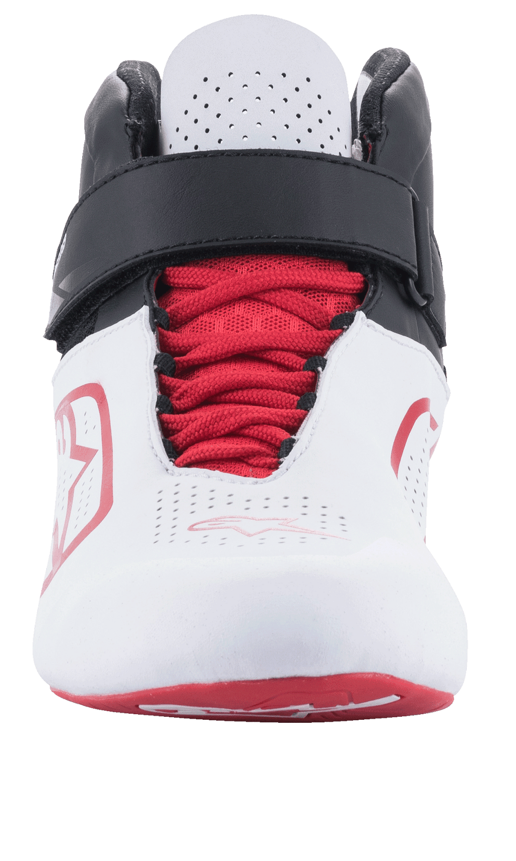 Chaussures Alpinestars Tech-1 K V2, chaussures de karting, blanc, noir et rouge, vue de face avec des lacets rouges et une sangle velcro noire réglable, languette blanche perforée pour la circulation de l'air, design épuré et respirant pour la course.