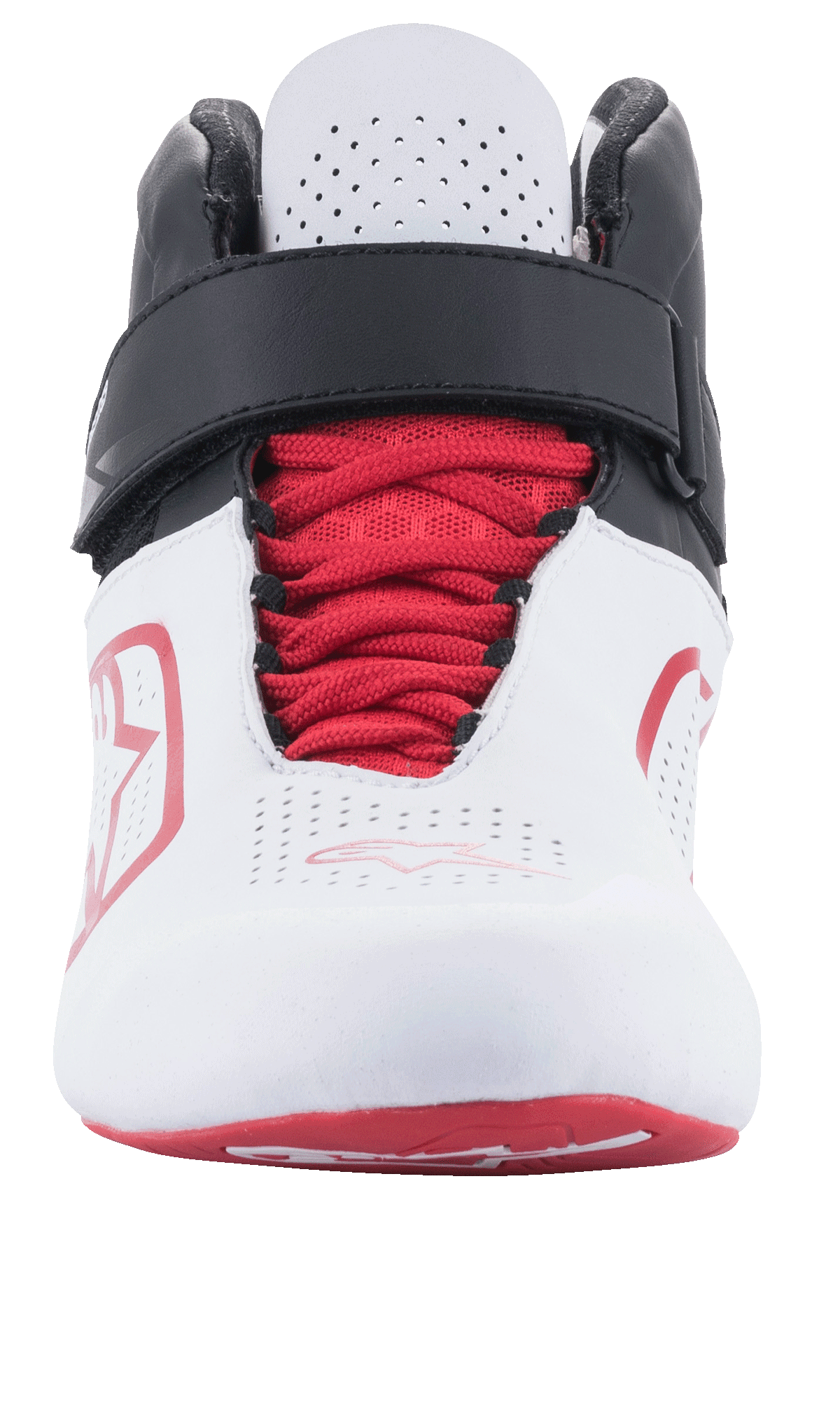 Chaussures Alpinestars Tech-1 K V2, chaussures de karting, blanc, noir et rouge, vue de face avec des lacets rouges et une sangle velcro noire réglable, languette blanche perforée pour la circulation de l'air, design épuré et respirant pour la course.