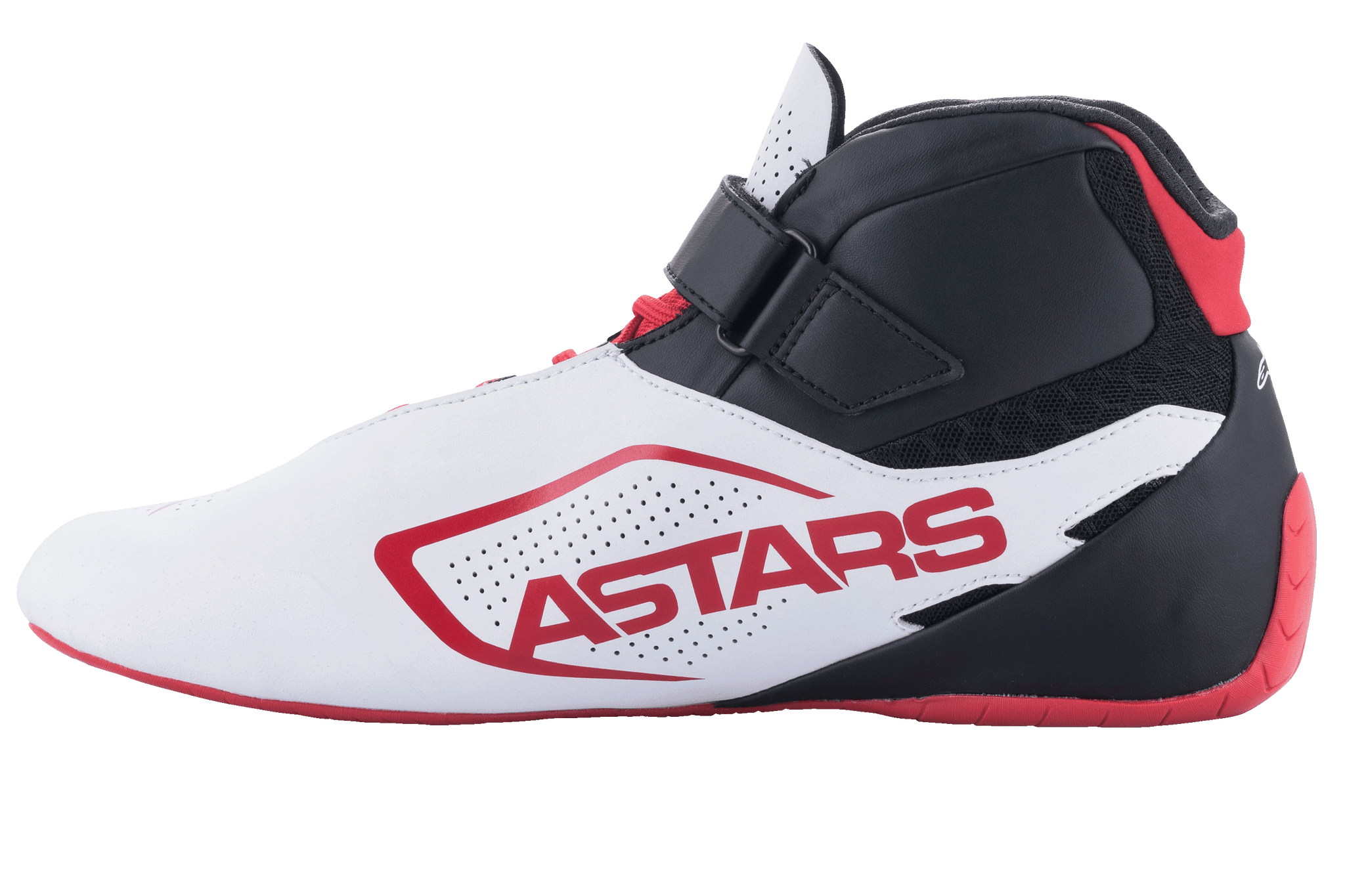 Chaussures Alpinestars Tech-1 K V2, chaussures de karting, blanc, noir et rouge, vue latérale avec logo ASTARS rouge sur un empiècement blanc perforé, tige noire avec sangle auto-agrippante et lacets rouges, semelle rouge fine pour une conduite précise