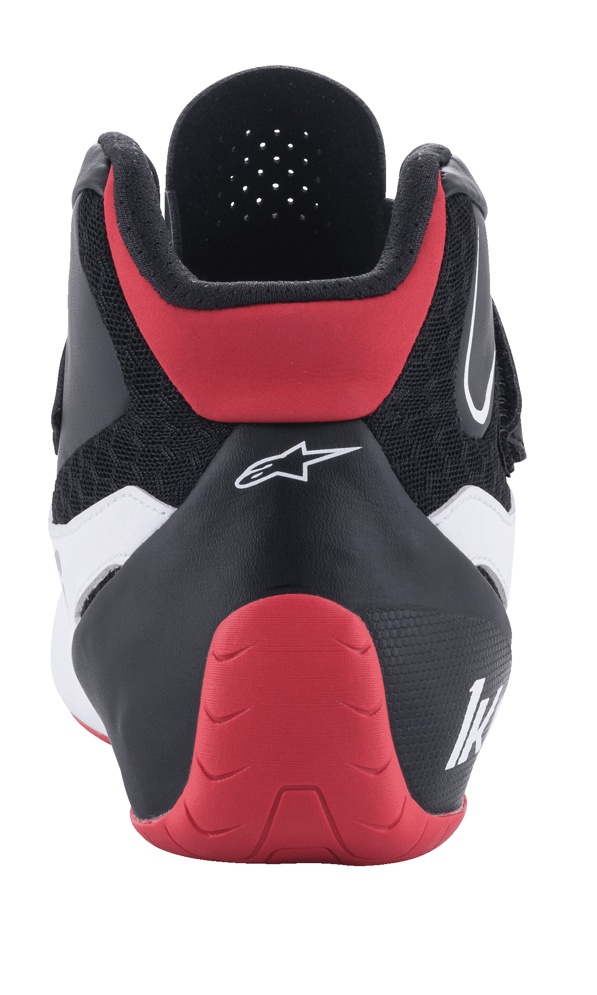 Chaussures Alpinestars Tech-1 K V2, chaussures de karting, rouge, noir et blanc, vue arrière, avec une coque de talon protectrice rouge, tige en textile noir avec des détails blancs et logo Alpinestars blanc