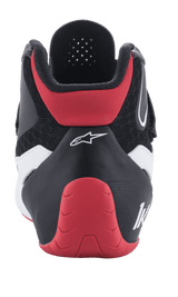 Chaussures Alpinestars Tech-1 K V2, chaussures de karting, rouge, noir et blanc, vue arrière, avec une coque de talon protectrice rouge, tige en textile noir avec des détails blancs et logo Alpinestars blanc