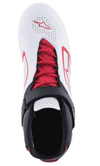 Chaussures Alpinestars Tech-1 K V2, chaussures de karting, blanc, noir et rouge, vue de dessus avec lacets rouges et sangle velcro noire, tige blanche perforée avec logos Alpinestars rouges, conçues pour la respirabilité et le maintien