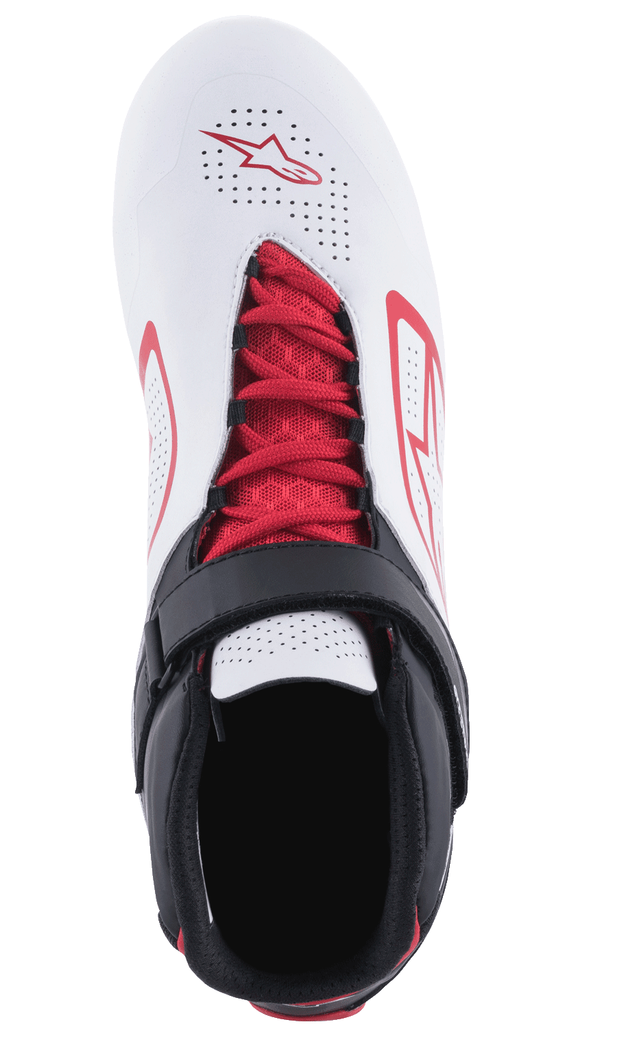 Chaussures Alpinestars Tech-1 K V2, chaussures de karting, blanc, noir et rouge, vue de dessus avec lacets rouges et sangle velcro noire, tige blanche perforée avec logos Alpinestars rouges, conçues pour la respirabilité et le maintien