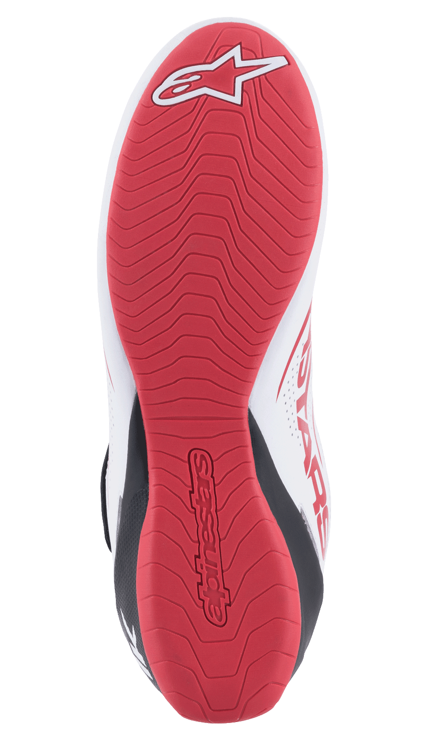 Chaussures Alpinestars Tech-1 K V2, chaussures de karting, blanc, noir et rouge, vue détaillée de la semelle en caoutchouc texturé rouge avec logo Alpinestars et marquage en relief, conçue pour une adhérence maximale et un ressenti tactile optimal