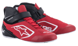 Alpinestars Tech-1 K V2 Karting Shoes, Red Black and White, mid-cut racing footwear with red laces and black hook-and-loop ankle strap, perforated microfiber upper with white Alpinestars logos, ergonomic design for professional karting