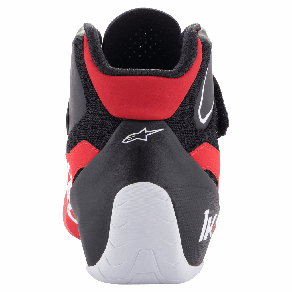 Alpinestars Tech-1 K V2 Shoes, Karting Shoes, Red Black and White, rear view showing the low-cut Achilles collar, white heel wrap with "1K" logo, and Alpinestars star logo on the black upper
