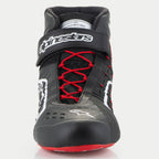 Alpinestars Tech-1 KX V3 Shoes, Karting Shoes, Black White and Red, front view featuring red asymmetric lacing, a black Velcro ankle strap with white branding, and an FIA 8877-2022 certification tag visible on the tongue.