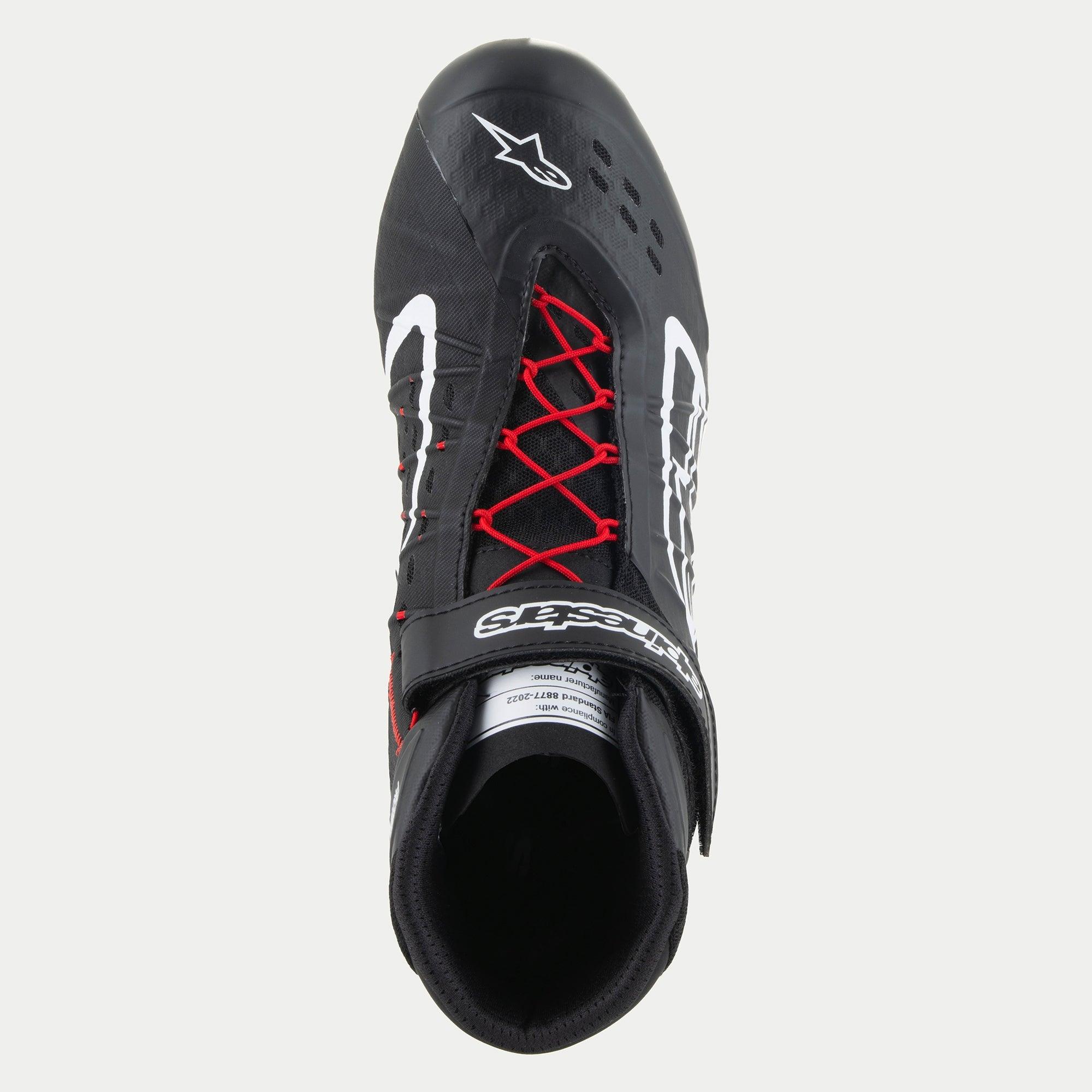 Alpinestars Tech-1 KX V3 Shoes, Karting Shoes, Black White and Red, top-down view featuring red laces and a black ankle strap with white branding, white Alpinestars logo on the toe, sleek breathable design for motorsport performance.