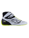 Alpinestars Tech-1 KX V3 Shoes - FIA, Karting Shoes, Black White and Yellow Fluo, sleek side profile with white thermo-welded upper, black heel counter with KX logo, fluorescent yellow sole and laces, professional motorsport design for karting