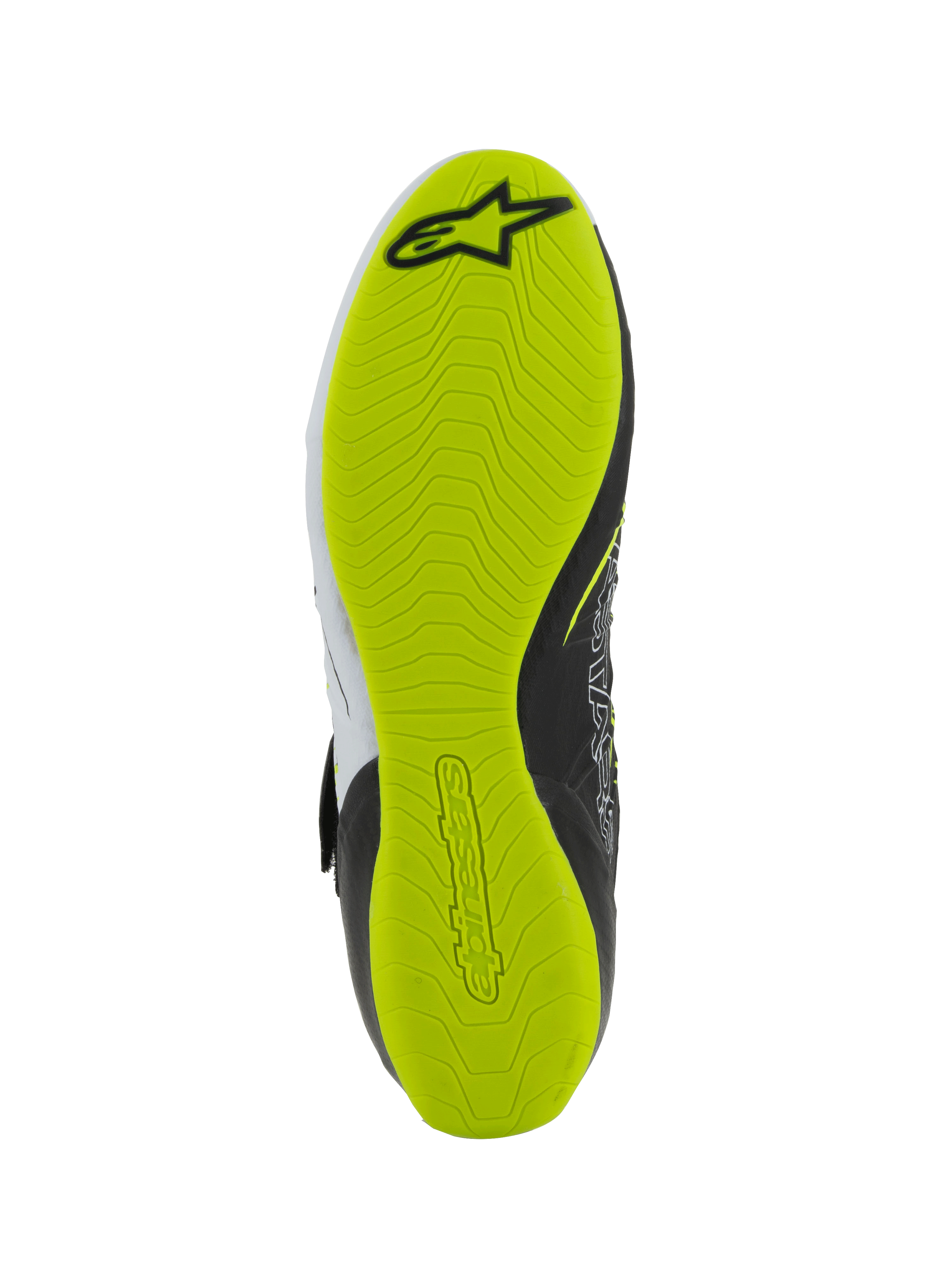 Alpinestars Tech-1 KX V3 Shoes - FIA, karting shoes, bottom view of the sole, bright yellow fluo rubber with textured grip pattern, featuring black Alpinestars logo and embossed branding for pedal sensitivity
