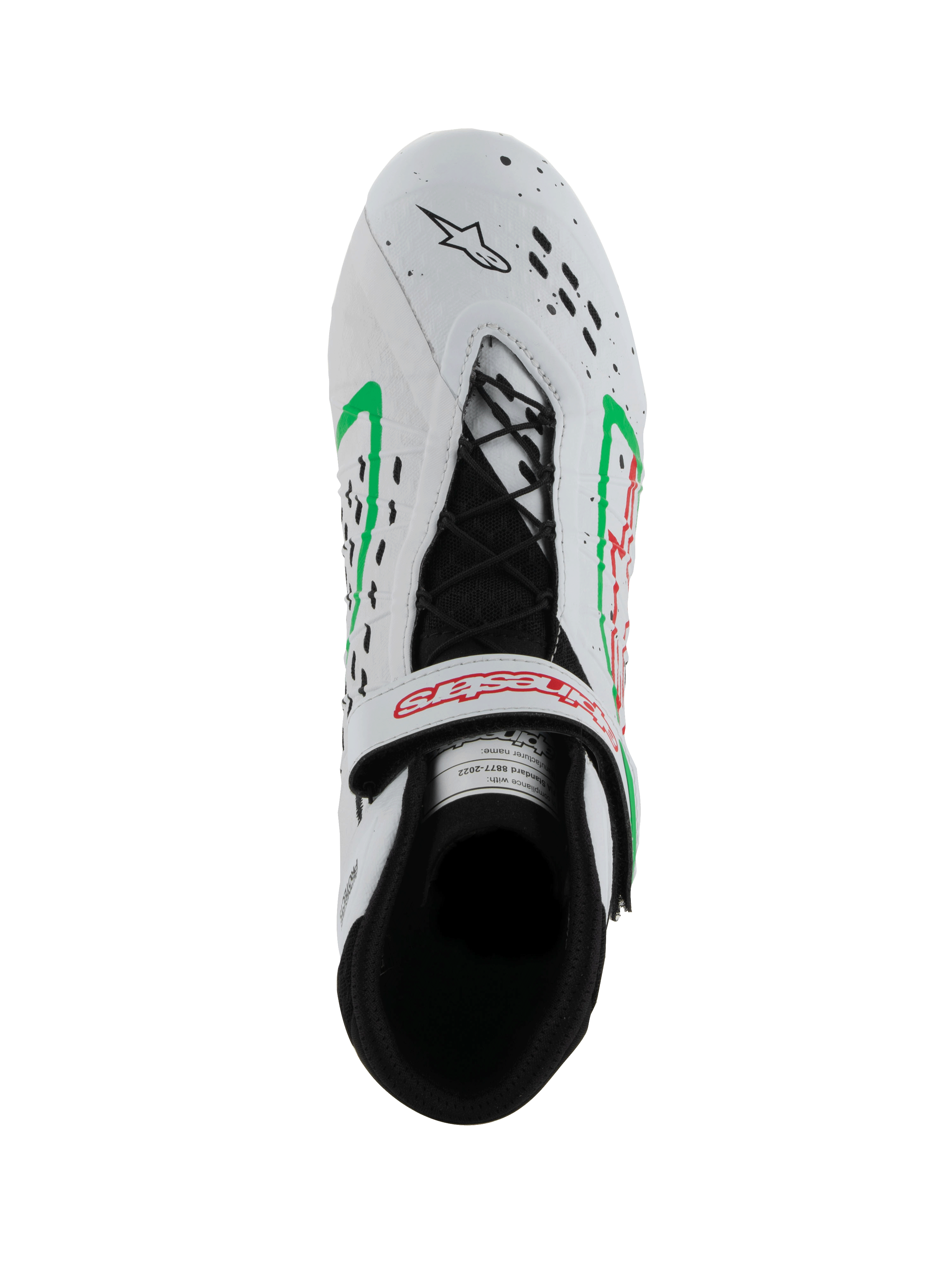 Alpinestars Tech-1 KX V3 Shoes, FIA-homologated Karting Shoes, White with Green and Red accents, top-down view showing asymmetric lacing, adjustable strap with red logo, and laser-cut perforations on the toe.