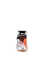 Alpinestars Tech-1 KX V3 Shoes, Karting Shoes, Black Silver and Orange Fluo, front view, silver and fluorescent orange upper, asymmetric orange laces, black ankle strap with white branding, sleek FIA-certified racing footwear