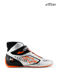Alpinestars Chaussures Tech-1 KX V3 - FIA, chaussures de karting pour homme, noires, argentées et orange fluo, vue de profil montrant la construction thermo-soudée légère, le laçage asymétrique et l'homologation FIA
