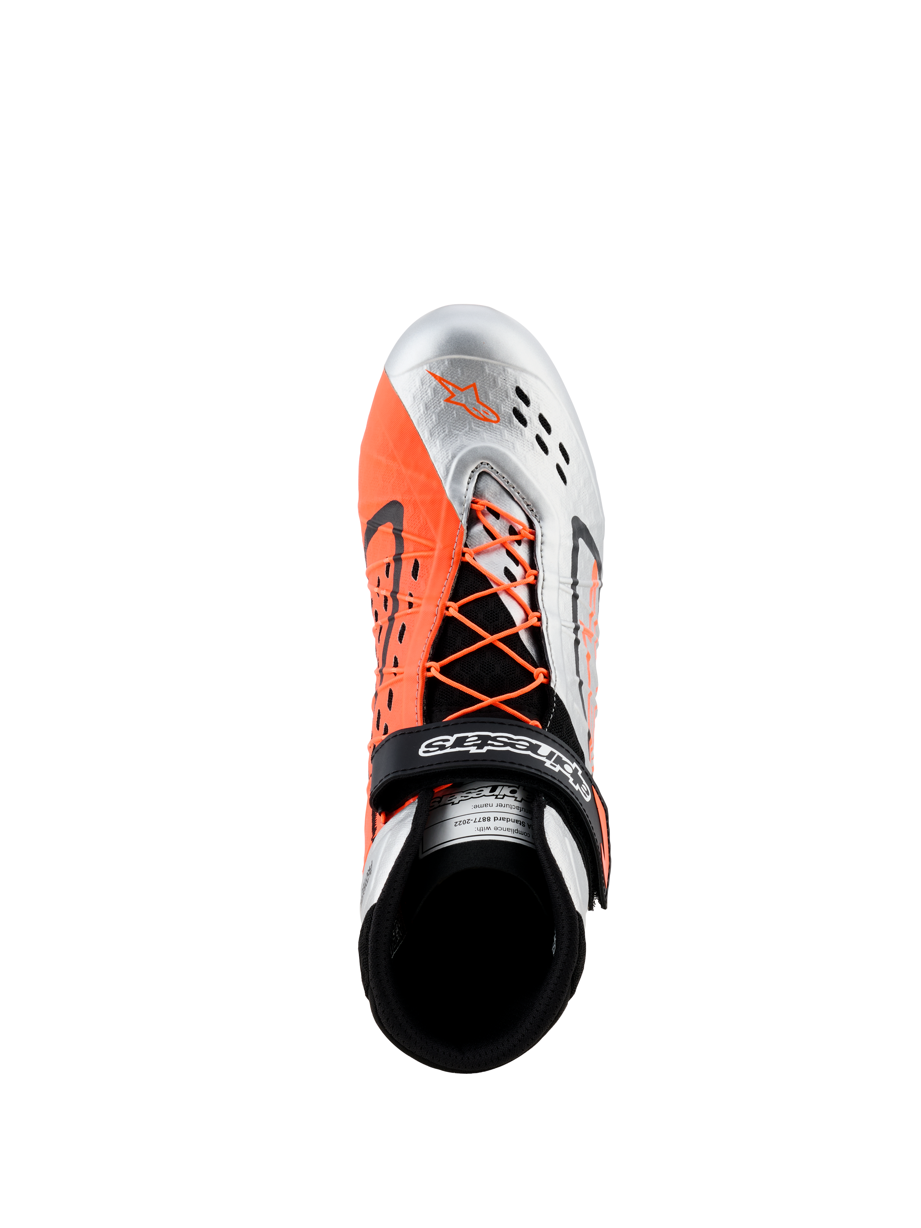 Alpinestars Tech-1 KX V3 Shoes - FIA, Karting Shoes, Black Silver and Orange Fluo, top-down view showing asymmetric lacing with orange laces, Velcro strap with logo, and breathable laser-cut perforations on the silver toe.