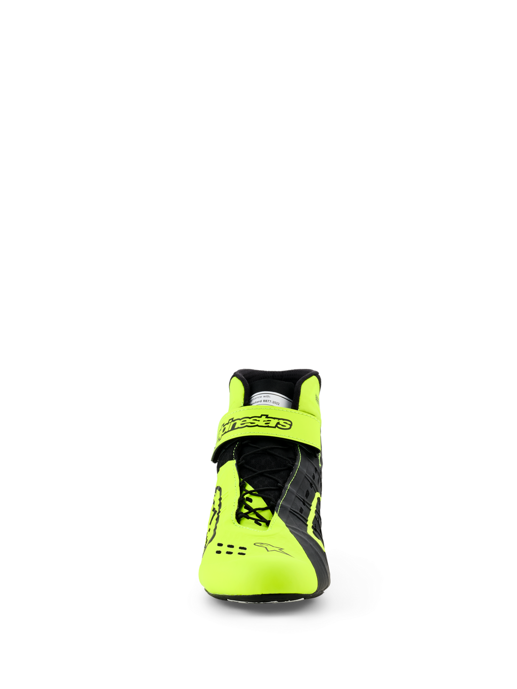 Chaussures Alpinestars Tech-1 KX V3, chaussures de karting, noir et jaune fluo, vue de face montrant le système de laçage asymétrique et la sangle de cheville réglable avec le logo Alpinestars, design épuré et léger pour une performance de course certifiée FIA