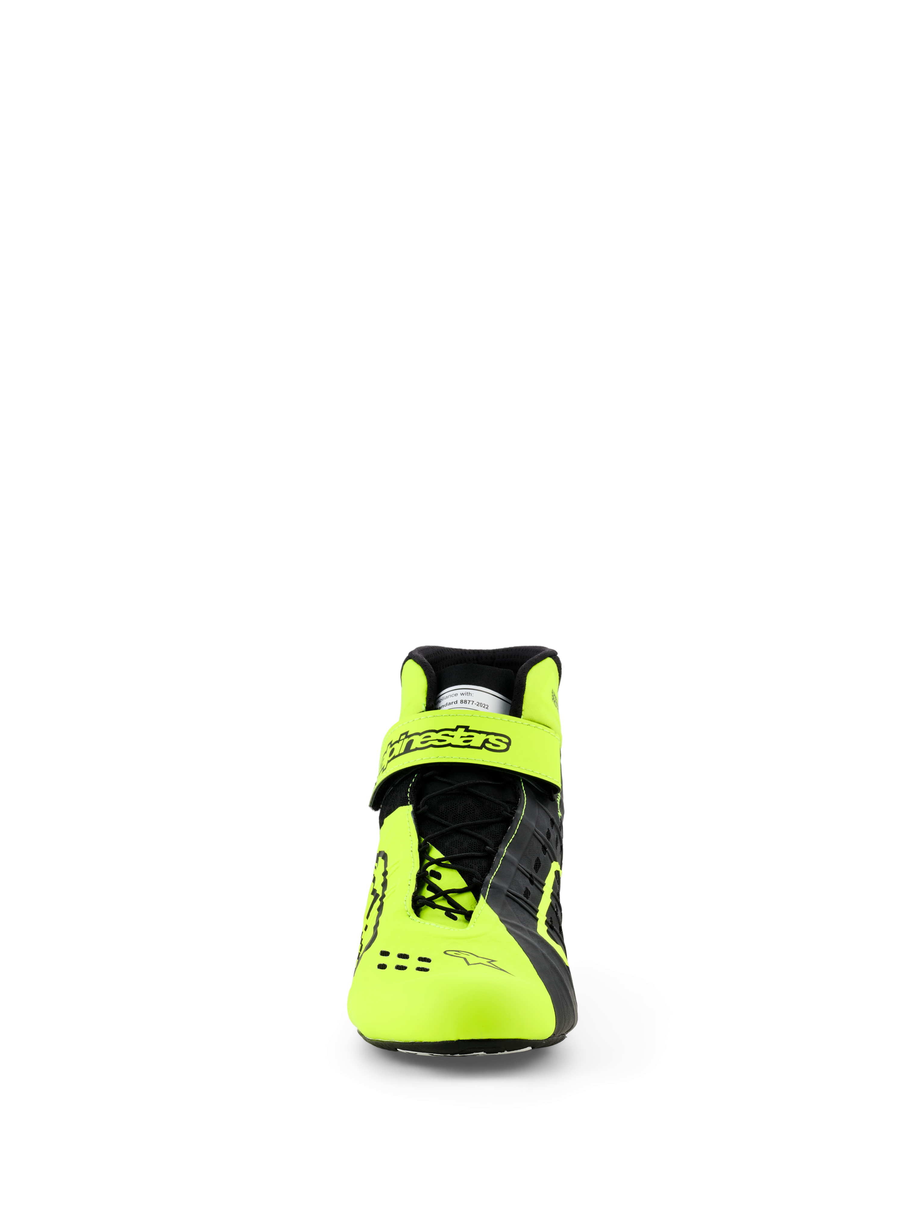 Chaussures Alpinestars Tech-1 KX V3, chaussures de karting, noir et jaune fluo, vue de face montrant le système de laçage asymétrique et la sangle de cheville réglable avec le logo Alpinestars, design épuré et léger pour une performance de course certifiée FIA
