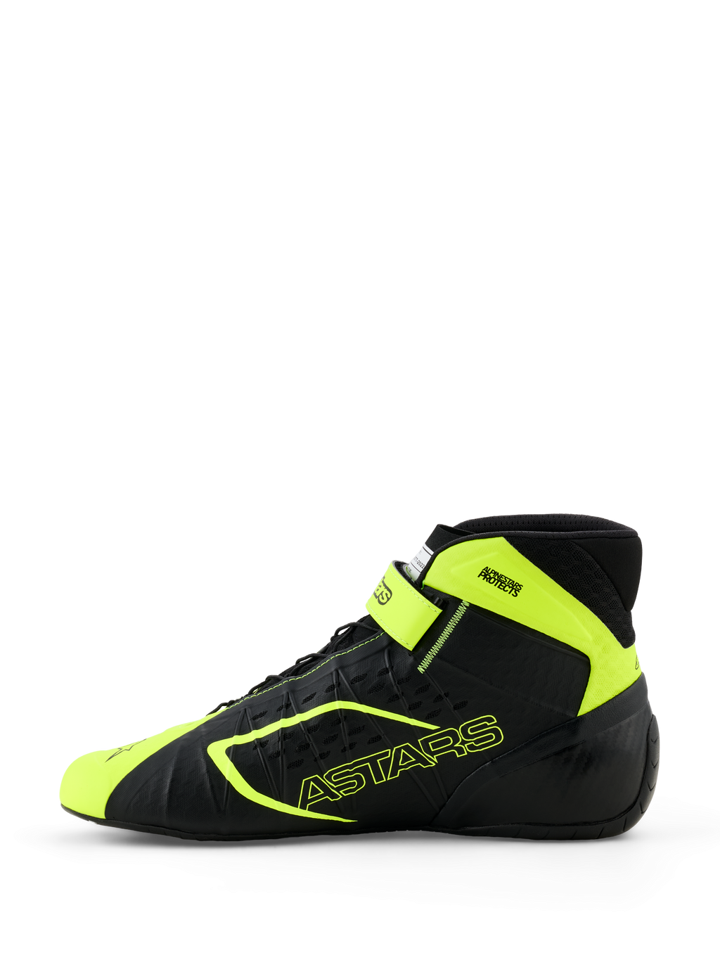 Chaussures de karting Alpinestars Tech-1 KX V3, noir et jaune fluo, vue de profil montrant la construction thermo-soudée sans couture, perforations découpées au laser, accents jaune fluo avec marquage ASTARS et sangle de cheville réglable, design motorsport élégant