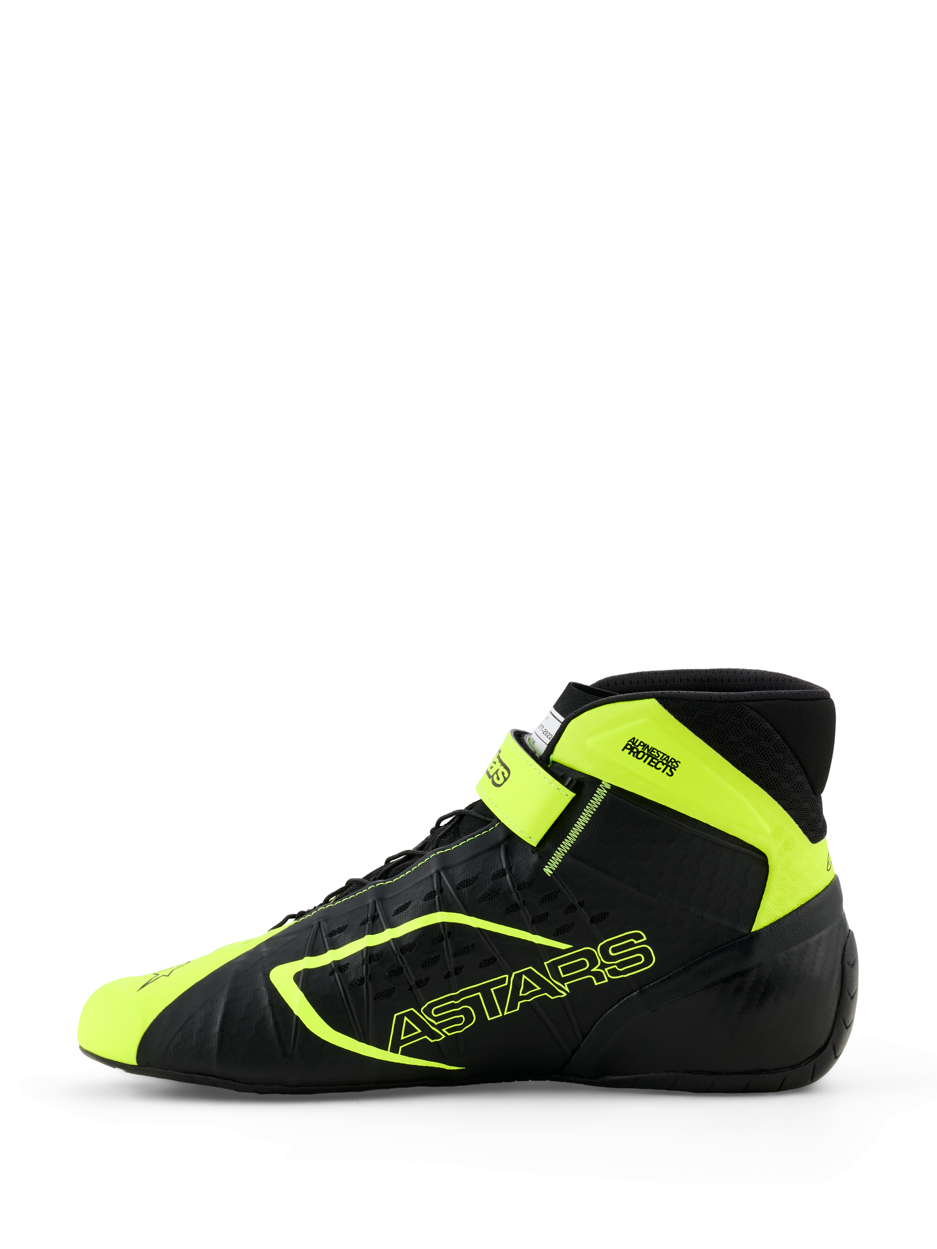 Chaussures de karting Alpinestars Tech-1 KX V3, noir et jaune fluo, vue de profil montrant la construction thermo-soudée sans couture, perforations découpées au laser, accents jaune fluo avec marquage ASTARS et sangle de cheville réglable, design motorsport élégant