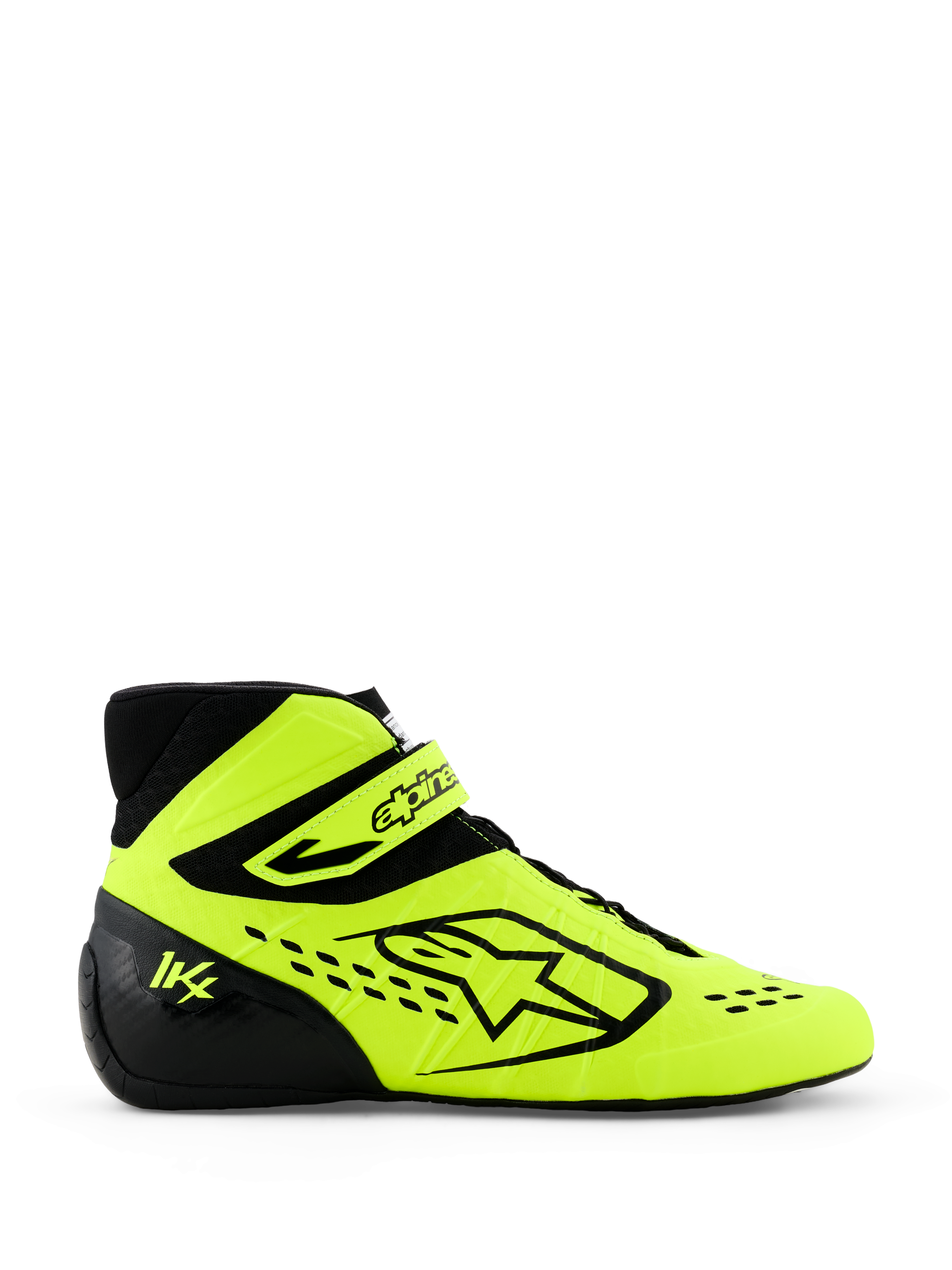 Chaussures de karting Alpinestars Tech-1 KX V3, jaune fluo et noir, vue de profil avec logo Alpinestars bien visible, sangle de cheville réglable et perforations découpées au laser pour la respirabilité, chaussures de sport automobile professionnelles.