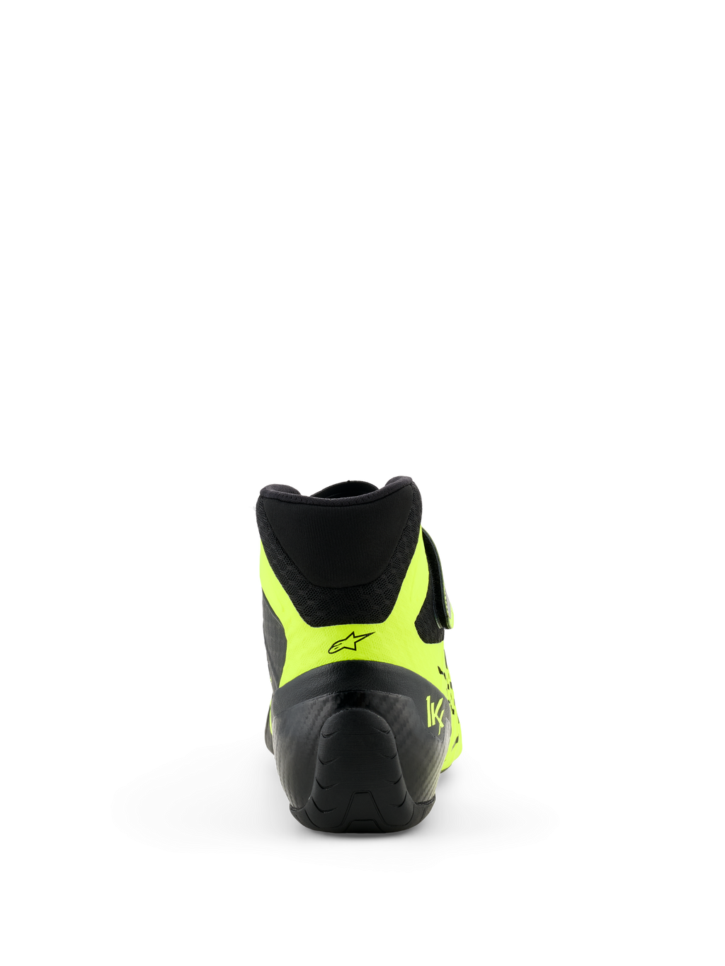 Chaussures Alpinestars Tech-1 KX V3 - FIA, noir et jaune fluo, vue arrière centrée sur le talon, accents jaune fluo avec logo étoile noir et marquage KX, chaussures de karting professionnelles