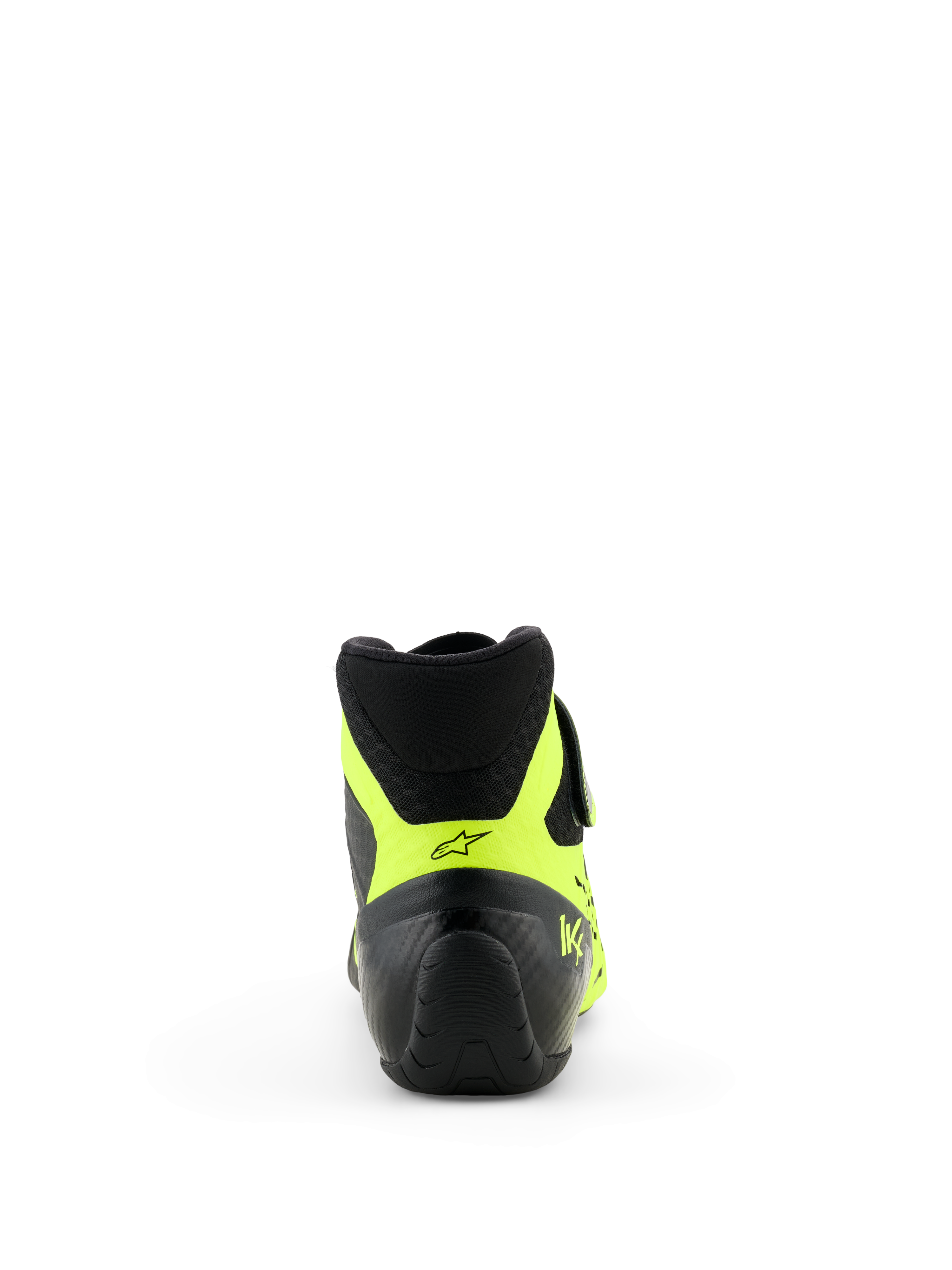 Chaussures Alpinestars Tech-1 KX V3 - FIA, noir et jaune fluo, vue arrière centrée sur le talon, accents jaune fluo avec logo étoile noir et marquage KX, chaussures de karting professionnelles