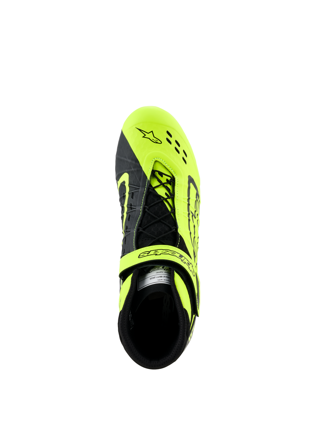 Chaussures Alpinestars Tech-1 KX V3, chaussures de karting, noir et jaune fluo, vue de dessus montrant le système de laçage asymétrique et la sangle réglable, avec perforations découpées au laser pour la respirabilité, conçues pour le karting