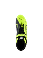 Chaussures Alpinestars Tech-1 KX V3, chaussures de karting, noir et jaune fluo, vue de dessus montrant le système de laçage asymétrique et la sangle réglable, avec perforations découpées au laser pour la respirabilité, conçues pour le karting