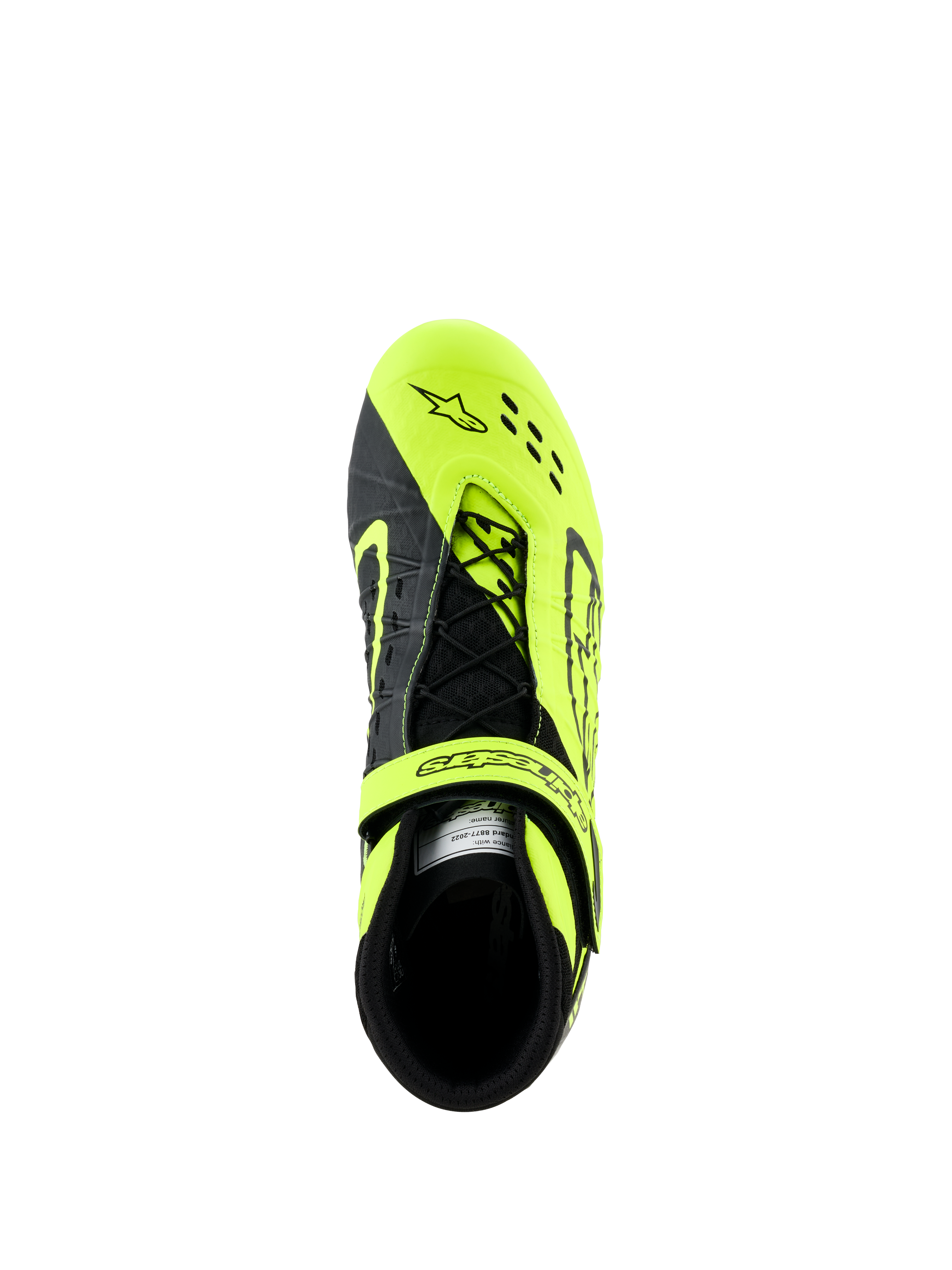 Chaussures Alpinestars Tech-1 KX V3, chaussures de karting, noir et jaune fluo, vue de dessus montrant le système de laçage asymétrique et la sangle réglable, avec perforations découpées au laser pour la respirabilité, conçues pour le karting