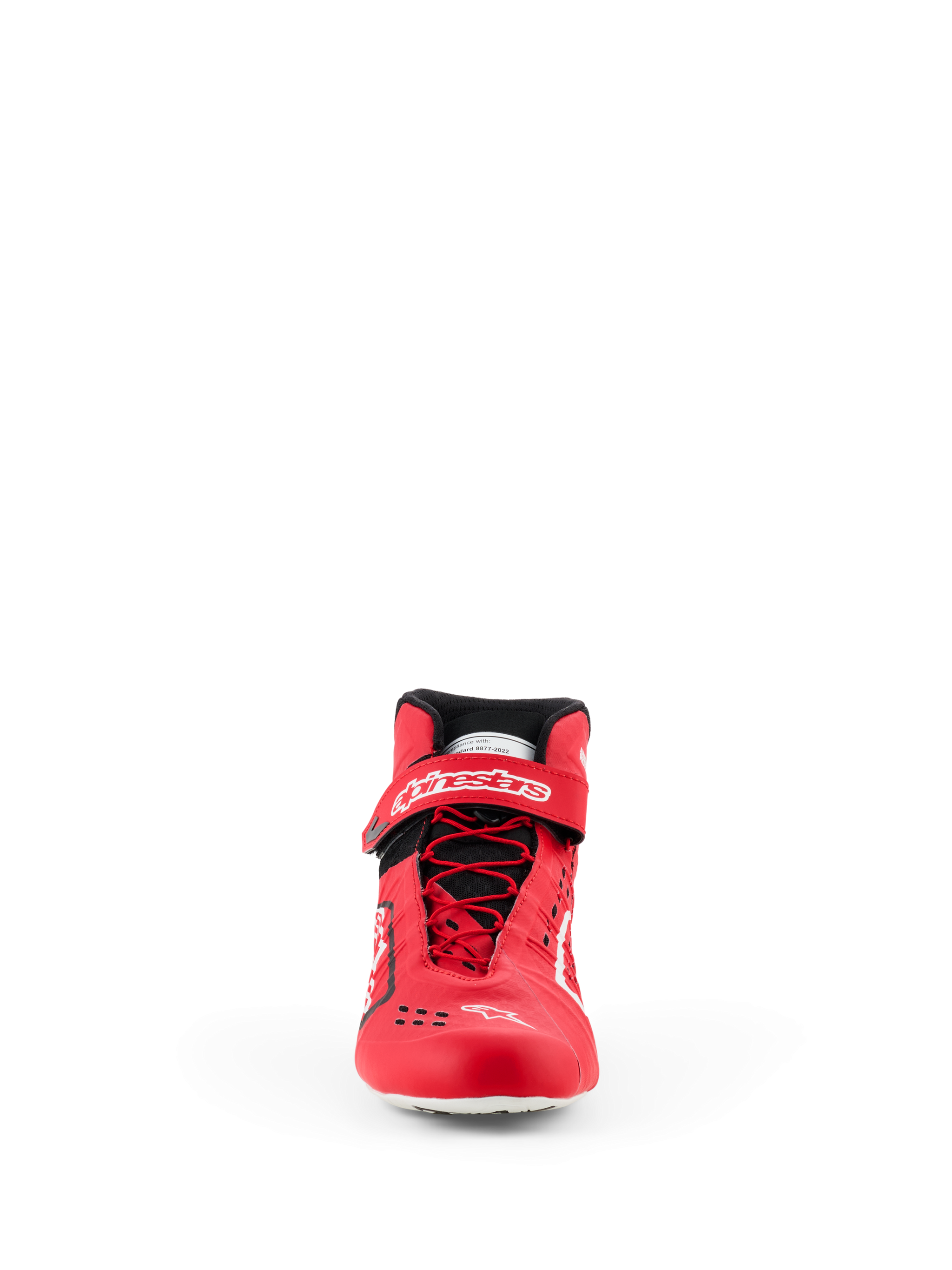 Chaussures Alpinestars Tech-1 KX V3 - FIA, chaussures de karting, rouge et noir, vue de face présentant un laçage rapide asymétrique, une sangle de cheville à velcro avec logo blanc et une construction thermo-soudée élégante