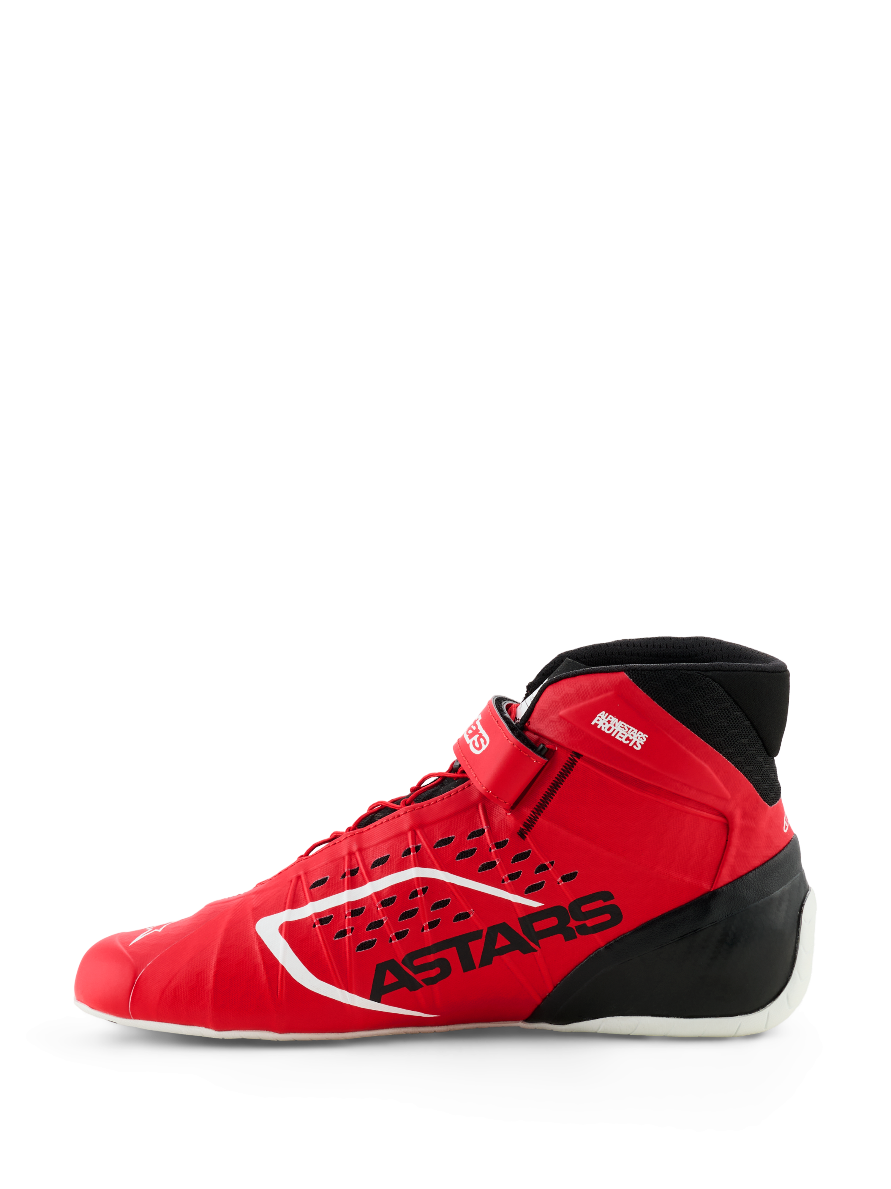 Alpinestars Tech-1 KX V3 Shoes, FIA Karting Shoes, Red and Black, side profile view, featuring seamless thermo-welded construction, laser-cut perforations, black ASTARS branding, and lightweight racing design.