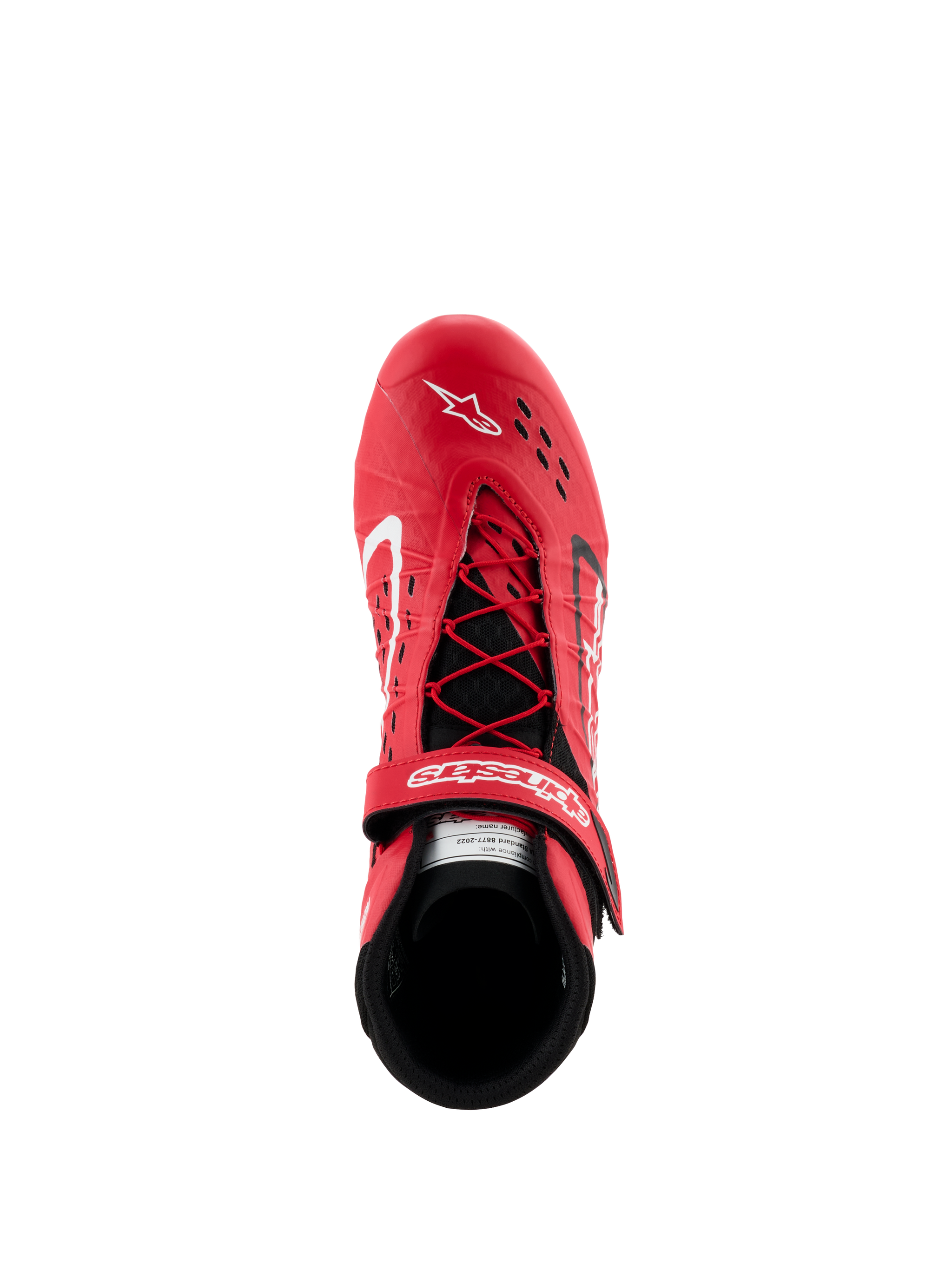 Alpinestars Tech-1 KX V3 Shoes - FIA, chaussures de karting rouges et noires, vue de dessus montrant le système de laçage asymétrique et la sangle velcro réglable, tige perforée pour la respirabilité, chaussures de course légères et performantes