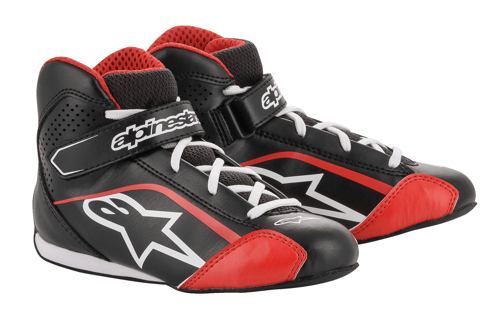Alpinestars Youth Tech-1 K Shoes, Karting Shoes, Black White and Red, featuring a lightweight microfiber upper with red accents, white laces, and secure hook-and-loop ankle strap, designed for youth kart racing