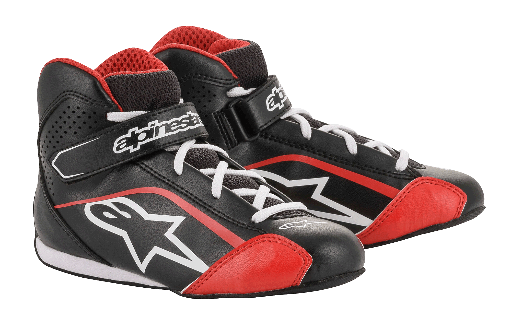 Chaussures Alpinestars Youth Tech-1 K, chaussures de karting, noir, blanc et rouge, dotées d'une tige en microfibre légère avec des accents rouges, de lacets blancs et d'une sangle de cheville à scratch sécurisée, conçues pour le karting pour les jeunes