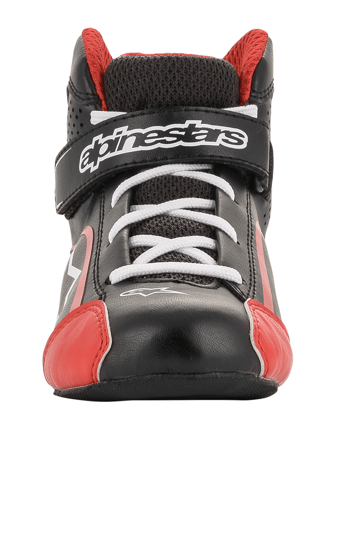 Chaussures Alpinestars Tech-1 K Junior, chaussures de karting, noir, blanc et rouge, vue de face avec lacets blancs et sangle velcro avec logo, accents rouges sur le bout, construction légère en microfibre et mesh