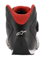 Chaussures Alpinestars Youth Tech-1 K, chaussures de karting, noir, blanc et rouge, vue arrière avec talon arrondi, logo Alpinestars blanc et col en maille 3D rouge pour le karting